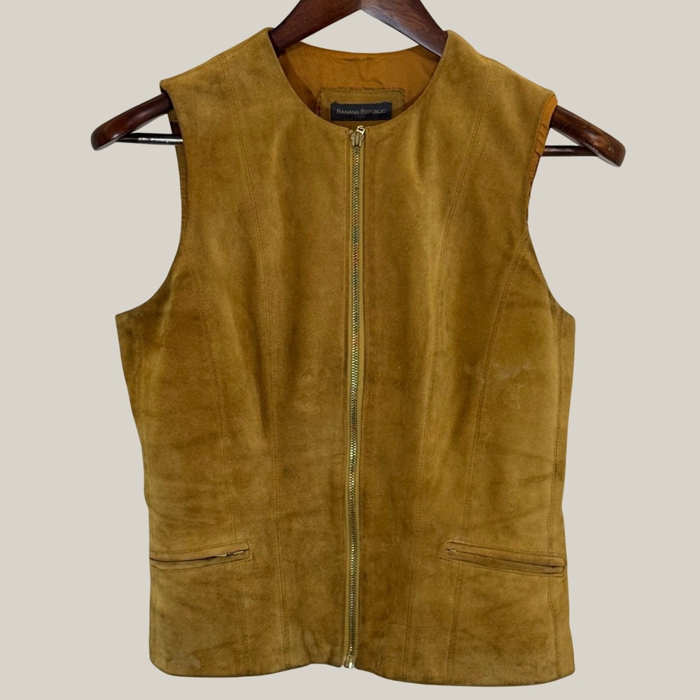 Vintage Banana Republic Suede Leather Vest Womens 4 Mustard Yellow Zip Front - Picture 2 of 12